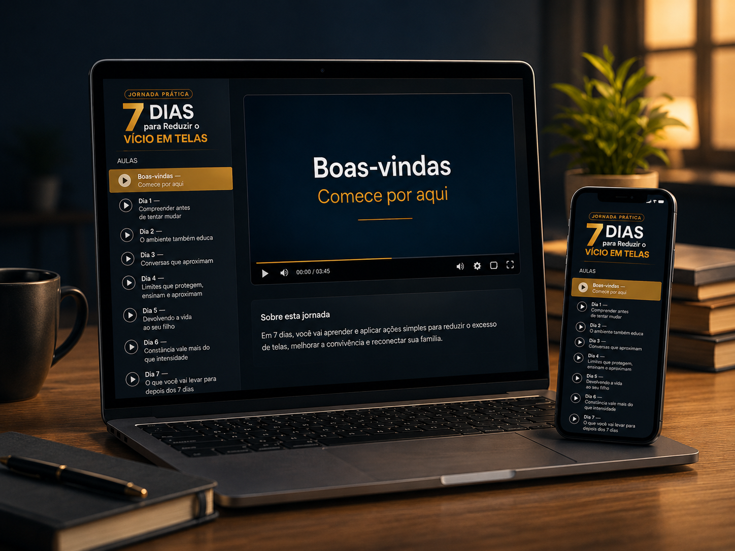 Jornada 7 Dias para Reduzir o Vício em Telas exibida em notebook e celular