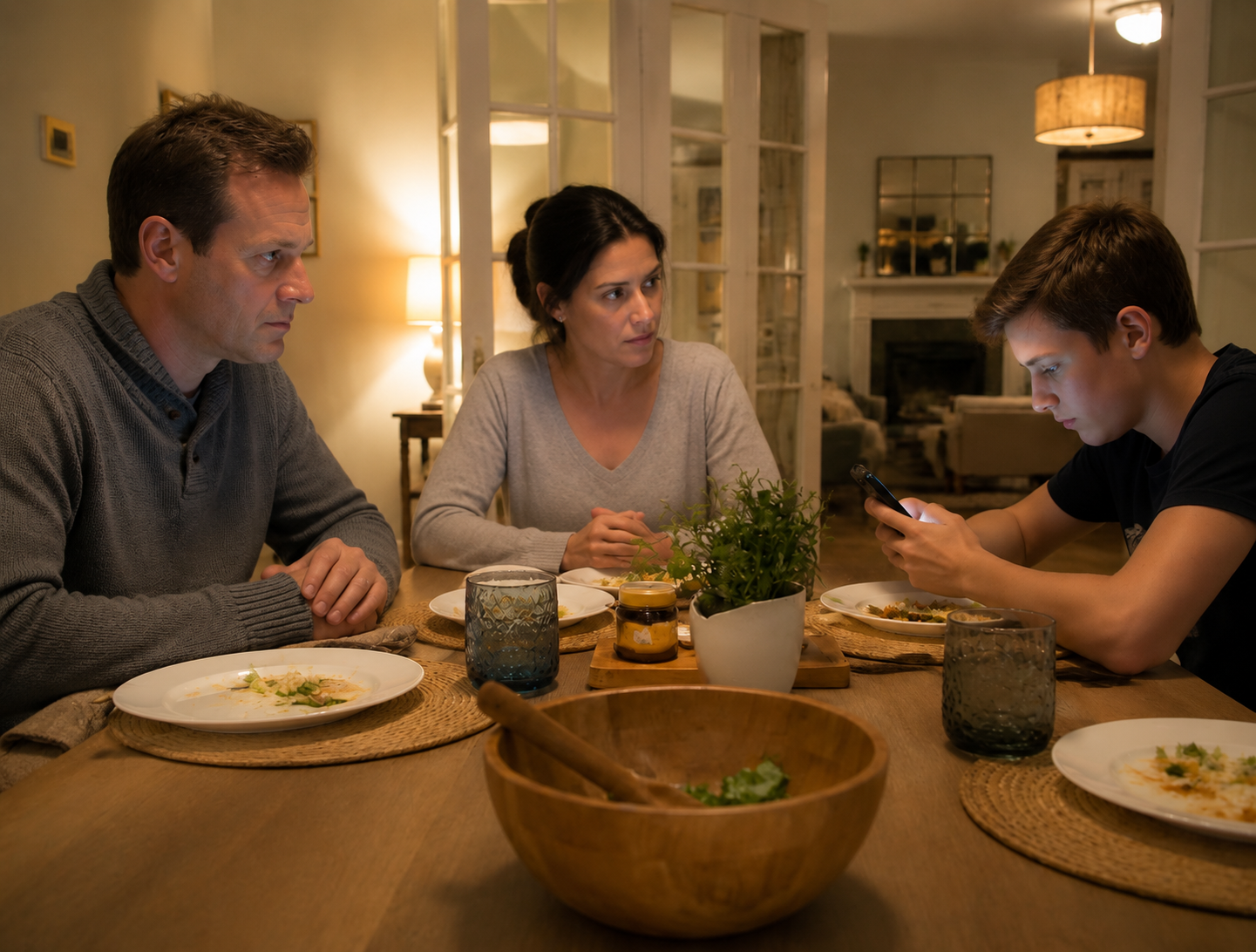 Jantar em família com pai, mãe e filho adolescente, cada um distraído com o próprio celular à mesa