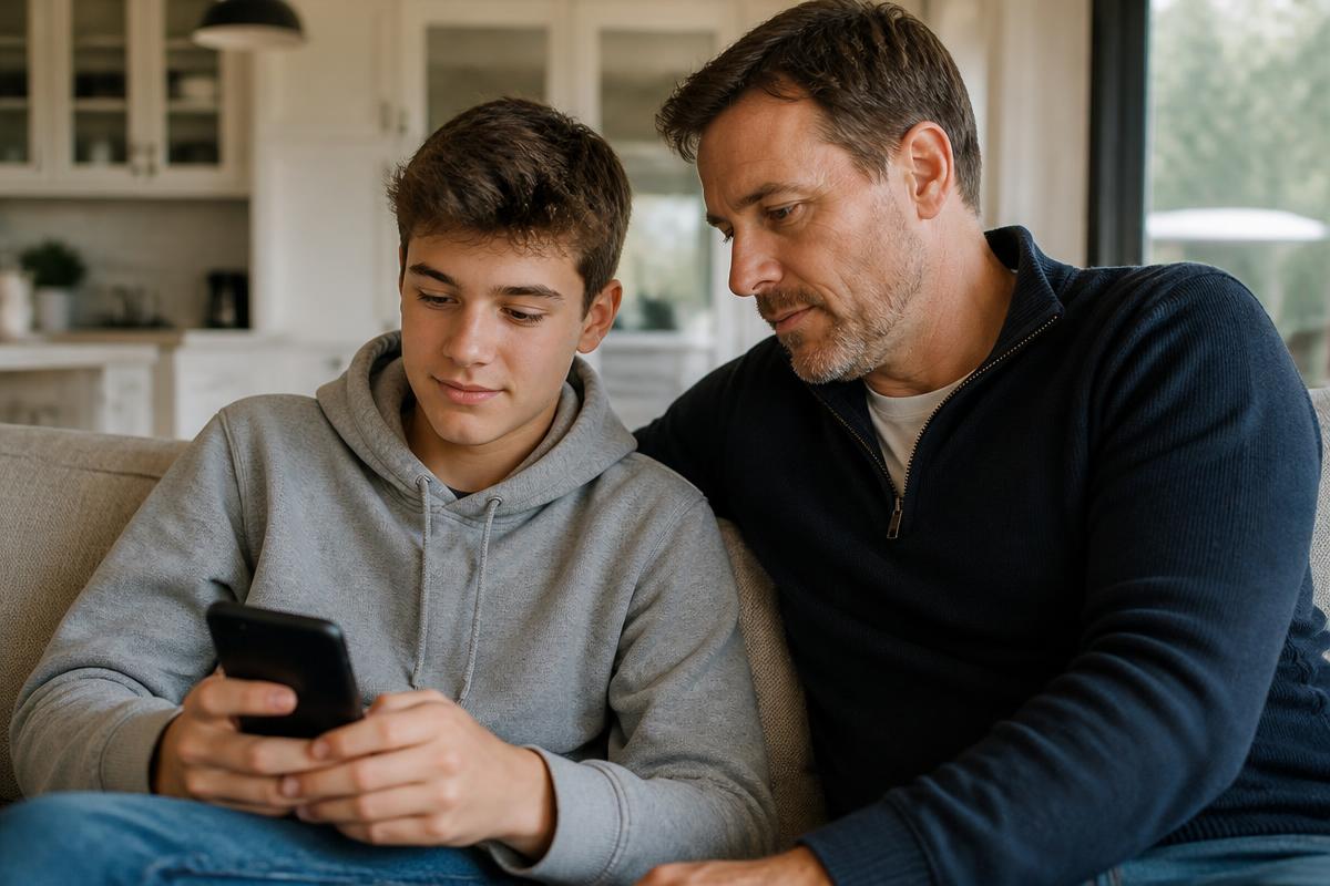 Pai sentado ao lado do filho adolescente, que segura o celular, em postura atenta e presente