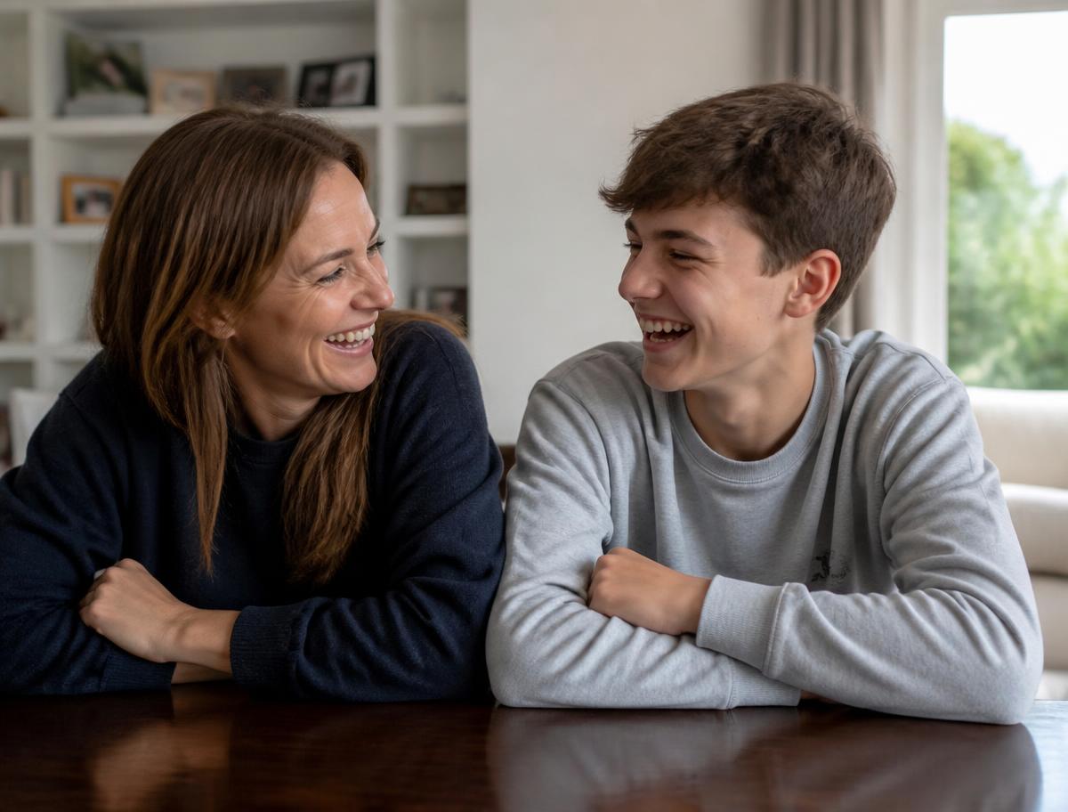 Mãe e filho adolescente rindo juntos em um momento leve, sem celulares por perto